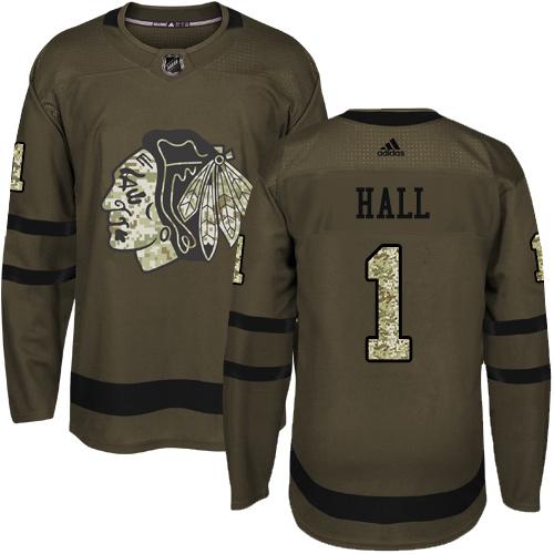 Adidas Blackhawks #1 Glenn Hall Green Salute to Service Stitched NHL Jersey - Click Image to Close